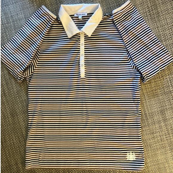AQUASCUTUM NWOT Stretch Golf 3/4 Sleeve Brown Black Stripe Polo Shirt Top L - Picture 1 of 7